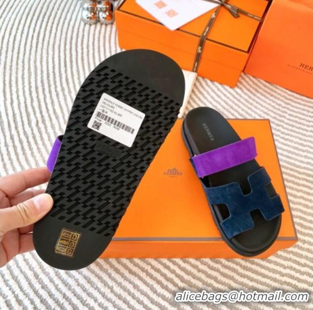 Best Product Hermes Chypre Flat Sandals in Suede Dark Blue/Purple 724141