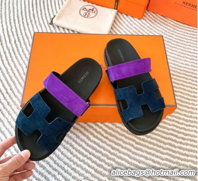 Best Product Hermes Chypre Flat Sandals in Suede Dark Blue/Purple 724141