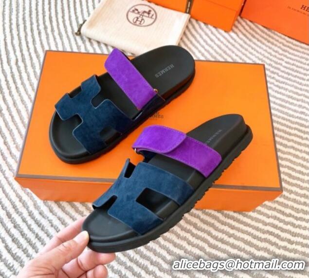 Best Product Hermes Chypre Flat Sandals in Suede Dark Blue/Purple 724141