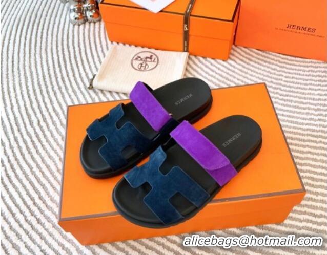 Best Product Hermes Chypre Flat Sandals in Suede Dark Blue/Purple 724141