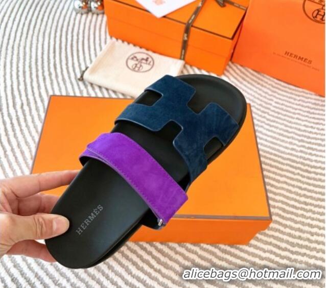 Best Product Hermes Chypre Flat Sandals in Suede Dark Blue/Purple 724141