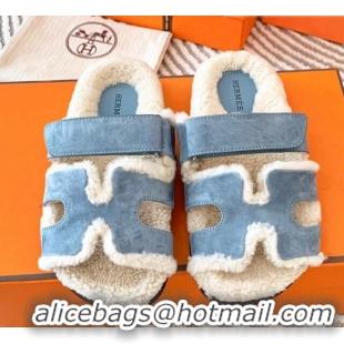 Purchase Hermes Chypre Flat Sandals in Suede and Shearling Light Blue 724143