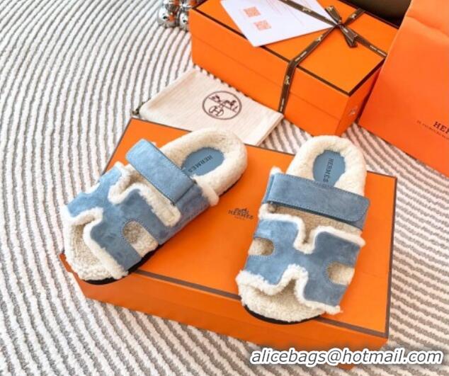 Purchase Hermes Chypre Flat Sandals in Suede and Shearling Light Blue 724143