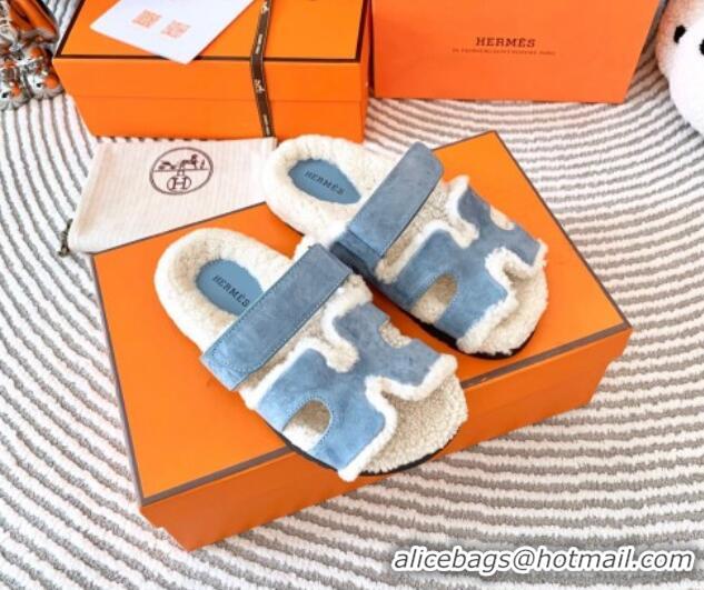 Purchase Hermes Chypre Flat Sandals in Suede and Shearling Light Blue 724143