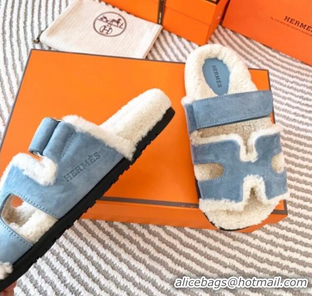 Purchase Hermes Chypre Flat Sandals in Suede and Shearling Light Blue 724143