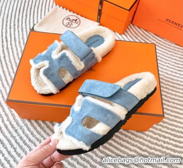 Purchase Hermes Chypre Flat Sandals in Suede and Shearling Light Blue 724143