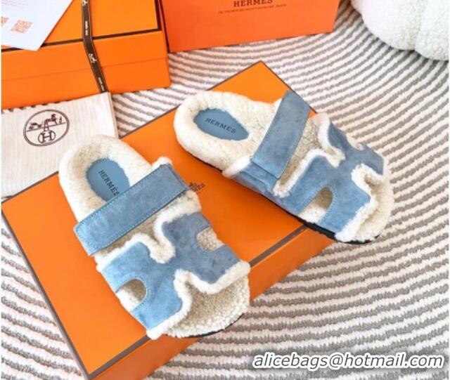 Purchase Hermes Chypre Flat Sandals in Suede and Shearling Light Blue 724143