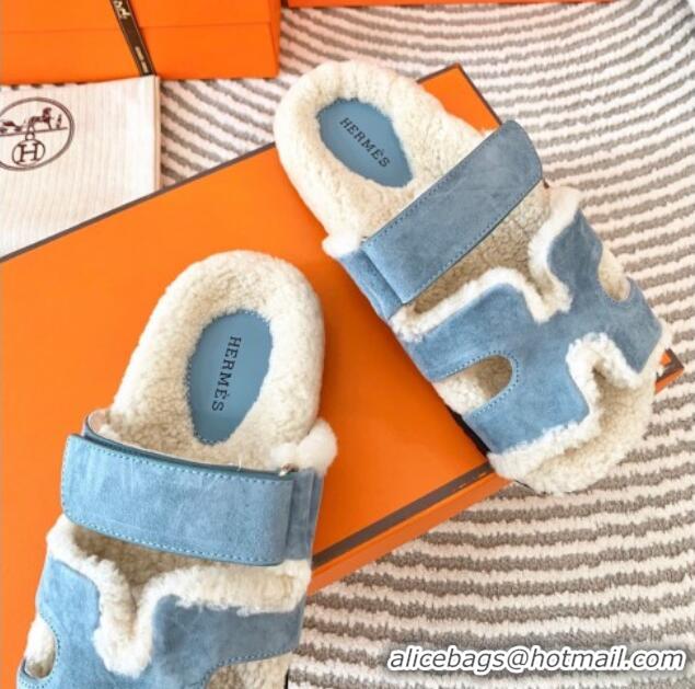 Purchase Hermes Chypre Flat Sandals in Suede and Shearling Light Blue 724143