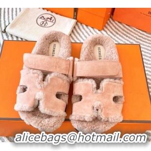 Good Quality Hermes Chypre Flat Sandals in Suede and Shearling Nude Pink 724144