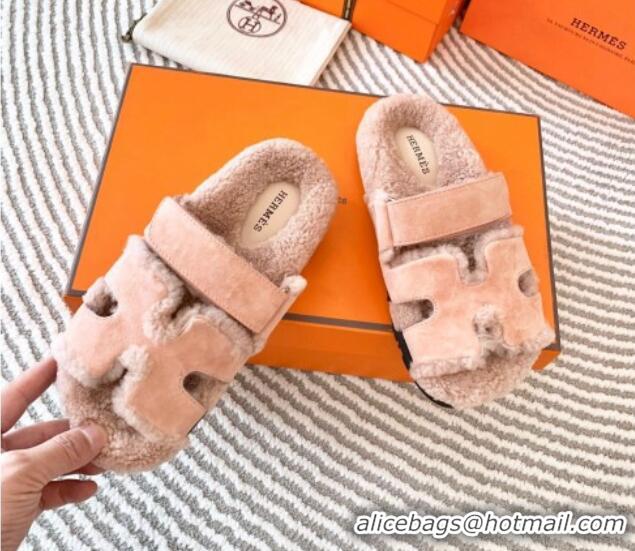 Good Quality Hermes Chypre Flat Sandals in Suede and Shearling Nude Pink 724144