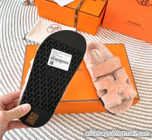 Good Quality Hermes Chypre Flat Sandals in Suede and Shearling Nude Pink 724144