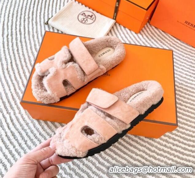 Good Quality Hermes Chypre Flat Sandals in Suede and Shearling Nude Pink 724144