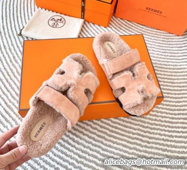 Good Quality Hermes Chypre Flat Sandals in Suede and Shearling Nude Pink 724144