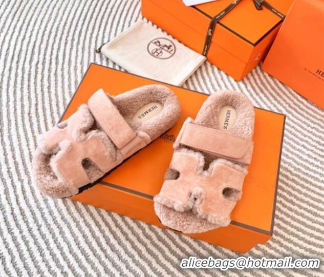 Good Quality Hermes Chypre Flat Sandals in Suede and Shearling Nude Pink 724144