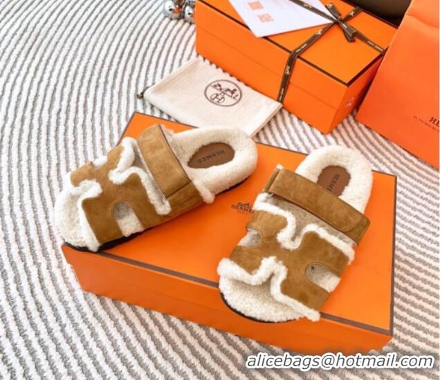 Unique Style Hermes Chypre Flat Sandals in Suede and Shearling Brown 724145