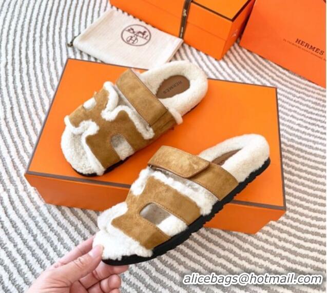 Unique Style Hermes Chypre Flat Sandals in Suede and Shearling Brown 724145