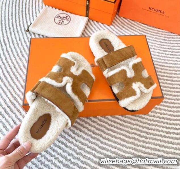 Unique Style Hermes Chypre Flat Sandals in Suede and Shearling Brown 724145