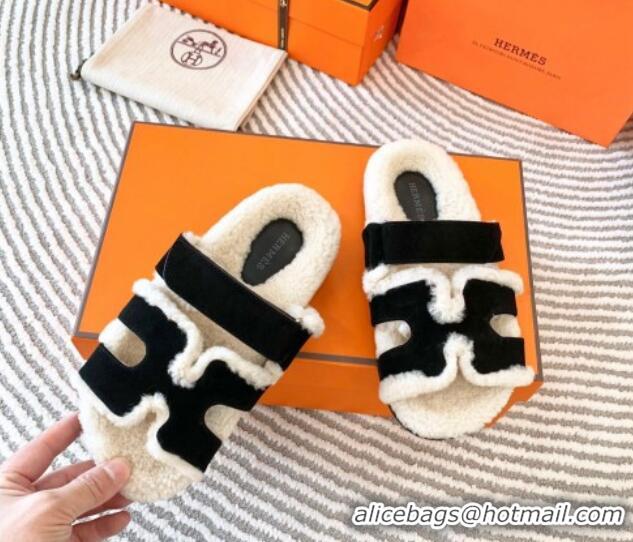 Best Price Hermes Chypre Flat Sandals in Suede and Shearling Black 724146