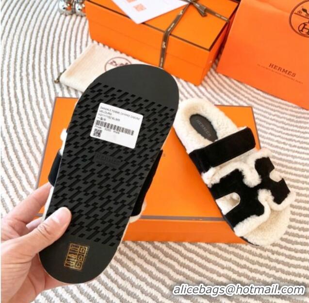 Best Price Hermes Chypre Flat Sandals in Suede and Shearling Black 724146