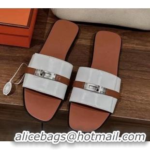 Popular Style Hermes Giulia Flat Sandals in Patchwork Calf Leather White/Brown 725003