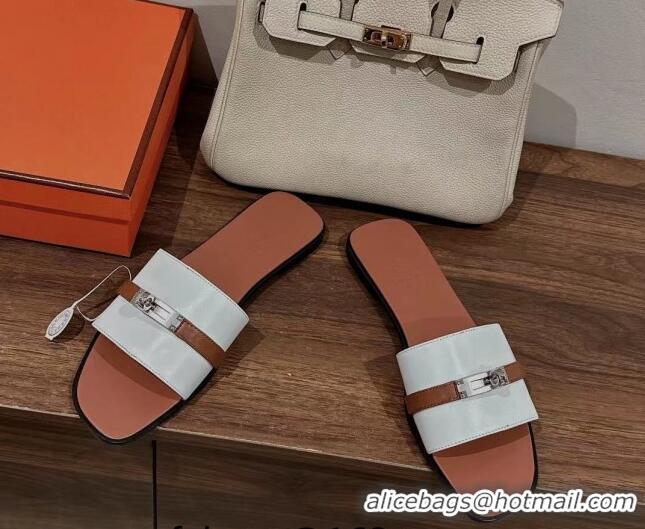 Popular Style Hermes Giulia Flat Sandals in Patchwork Calf Leather White/Brown 725003