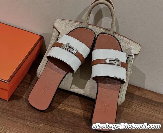 Popular Style Hermes Giulia Flat Sandals in Patchwork Calf Leather White/Brown 725003