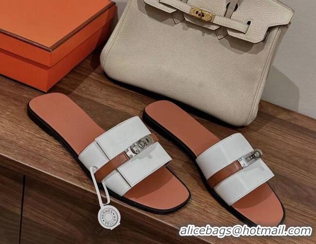 Popular Style Hermes Giulia Flat Sandals in Patchwork Calf Leather White/Brown 725003