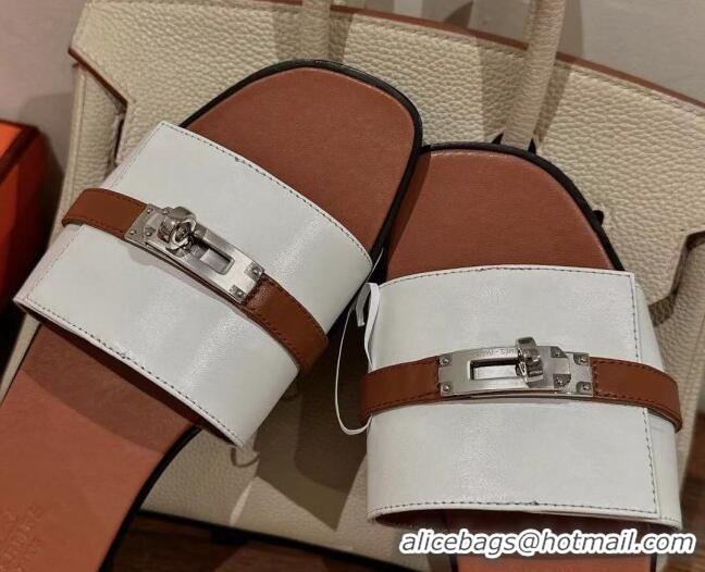 Popular Style Hermes Giulia Flat Sandals in Patchwork Calf Leather White/Brown 725003