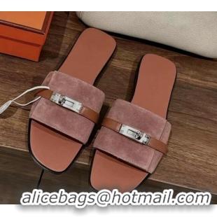 Pretty Style Hermes Giulia Flat Sandals in Suede and Leather Pink/Brown 725004