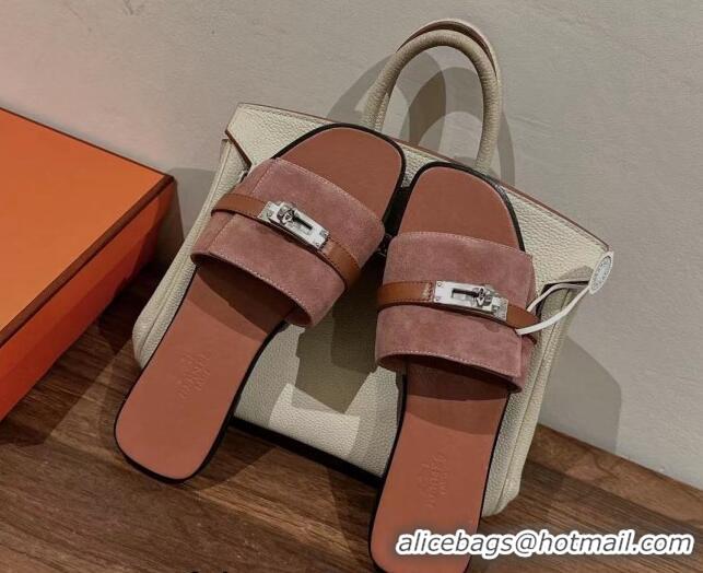 Pretty Style Hermes Giulia Flat Sandals in Suede and Leather Pink/Brown 725004