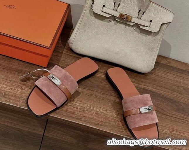 Pretty Style Hermes Giulia Flat Sandals in Suede and Leather Pink/Brown 725004