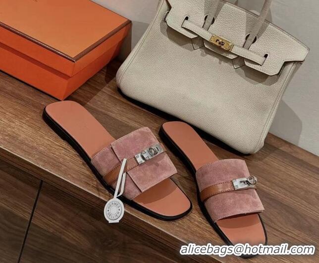 Pretty Style Hermes Giulia Flat Sandals in Suede and Leather Pink/Brown 725004