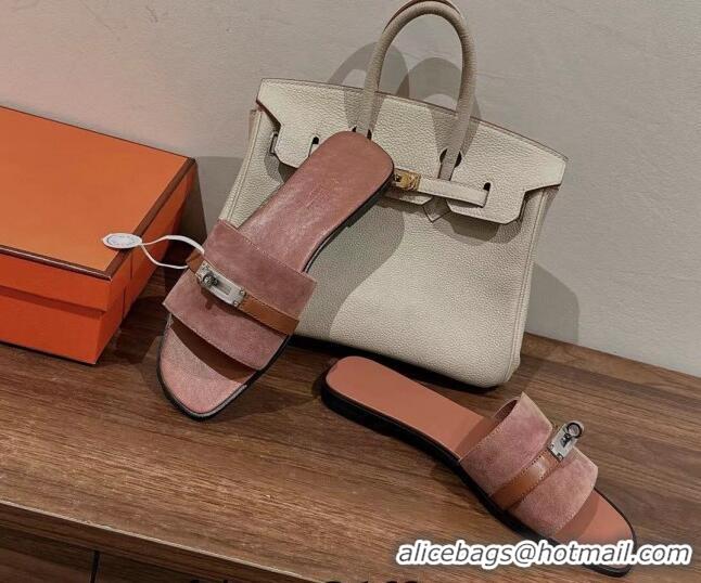 Pretty Style Hermes Giulia Flat Sandals in Suede and Leather Pink/Brown 725004