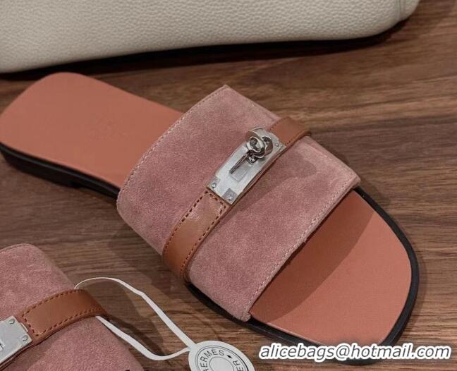 Pretty Style Hermes Giulia Flat Sandals in Suede and Leather Pink/Brown 725004