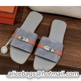 Durable Hermes Giulia Flat Sandals in Suede and Leather Grey/Orange 725005