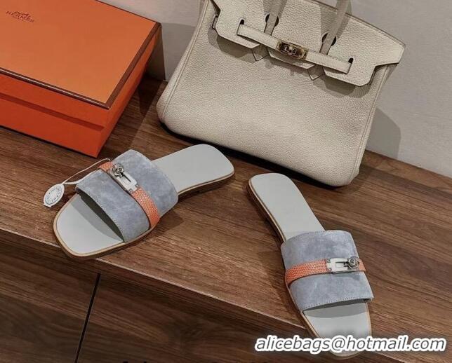 Durable Hermes Giulia Flat Sandals in Suede and Leather Grey/Orange 725005