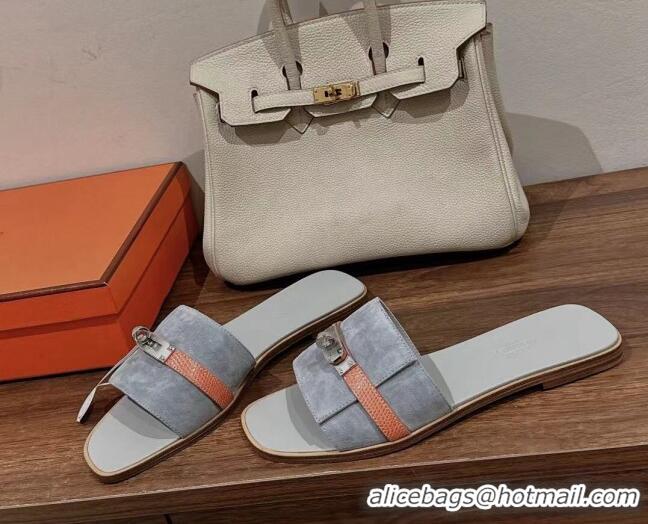 Durable Hermes Giulia Flat Sandals in Suede and Leather Grey/Orange 725005