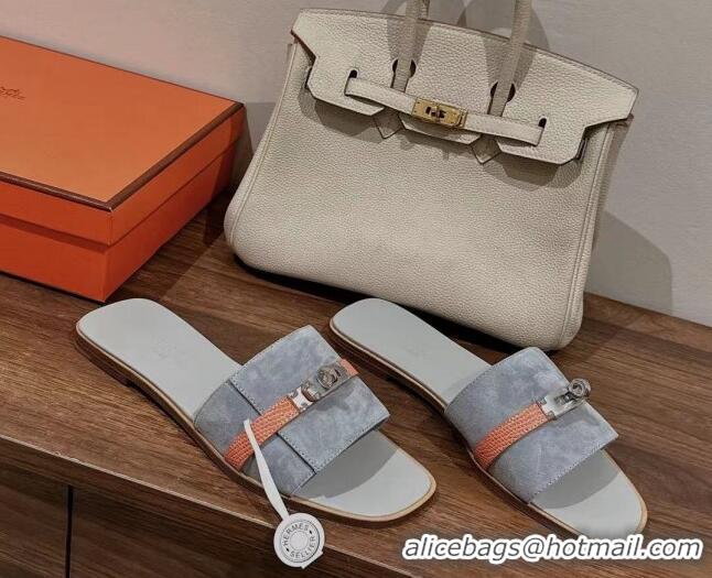 Durable Hermes Giulia Flat Sandals in Suede and Leather Grey/Orange 725005