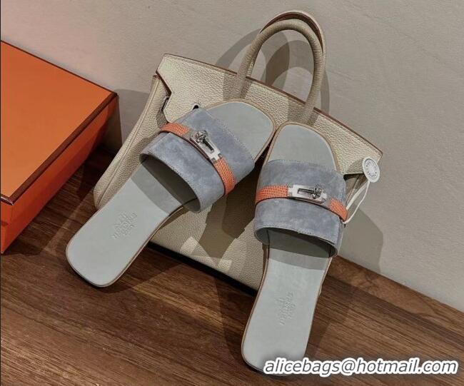 Durable Hermes Giulia Flat Sandals in Suede and Leather Grey/Orange 725005