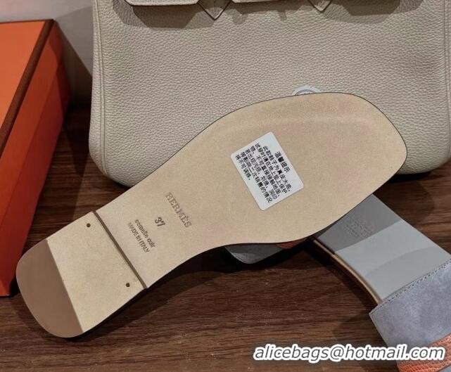 Durable Hermes Giulia Flat Sandals in Suede and Leather Grey/Orange 725005