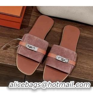 Best Product Hermes Giulia Flat Sandals in Suede and Leather Pink/Orange 725006