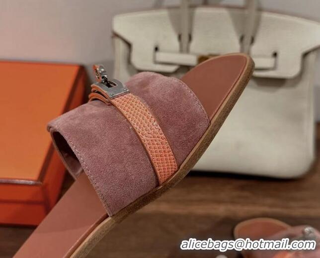 Best Product Hermes Giulia Flat Sandals in Suede and Leather Pink/Orange 725006