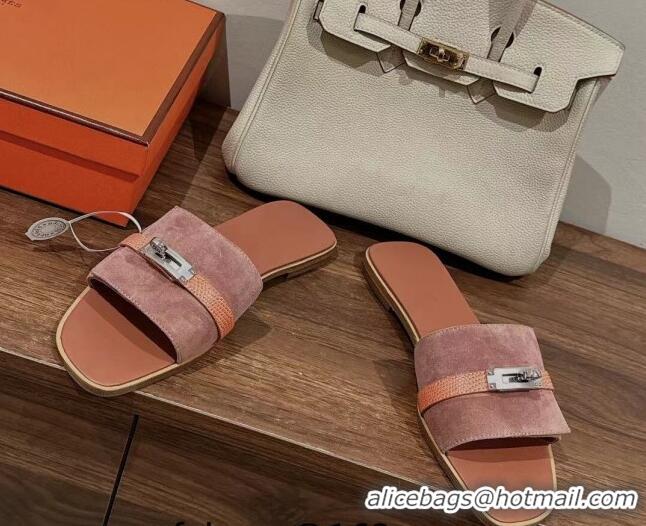 Best Product Hermes Giulia Flat Sandals in Suede and Leather Pink/Orange 725006