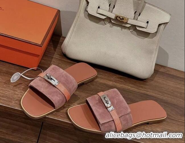 Best Product Hermes Giulia Flat Sandals in Suede and Leather Pink/Orange 725006