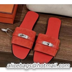 Top Design Hermes Giulia Flat Sandals in Suede and Leather Orange Red 725007