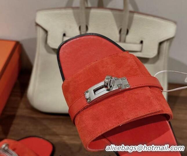 Top Design Hermes Giulia Flat Sandals in Suede and Leather Orange Red 725007