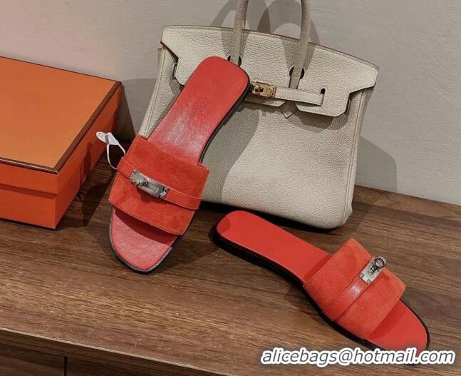 Top Design Hermes Giulia Flat Sandals in Suede and Leather Orange Red 725007