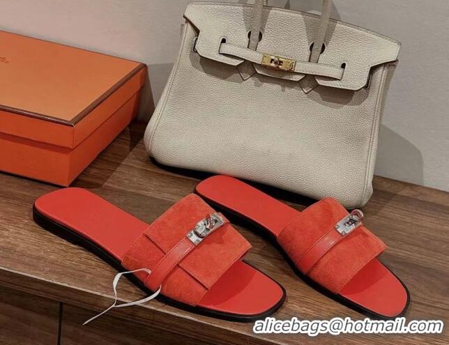 Top Design Hermes Giulia Flat Sandals in Suede and Leather Orange Red 725007