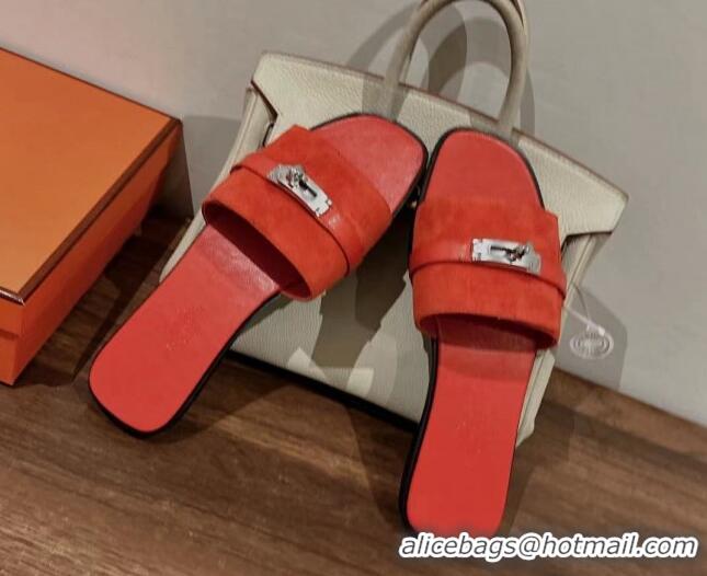 Top Design Hermes Giulia Flat Sandals in Suede and Leather Orange Red 725007