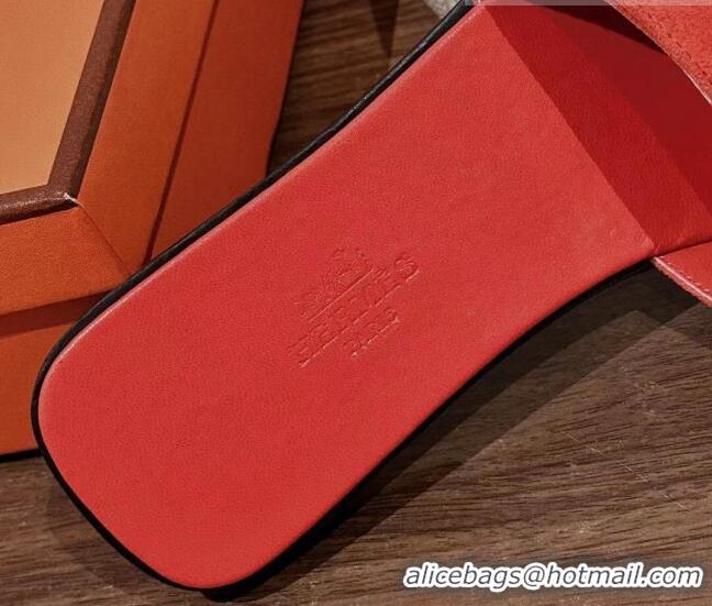 Top Design Hermes Giulia Flat Sandals in Suede and Leather Orange Red 725007